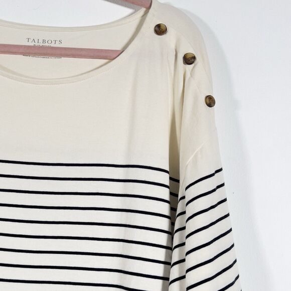 Talbots Plus Top Blouse Womens Sz 2XP Beige Striped Button Detail Short Sleeve - Picture 2 of 8